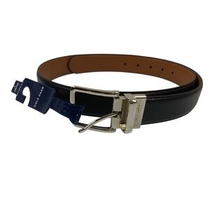 Cole Haan Mens Size L 38/40 Reversible Leather Belt Black Tan Silver Buckle NEW
